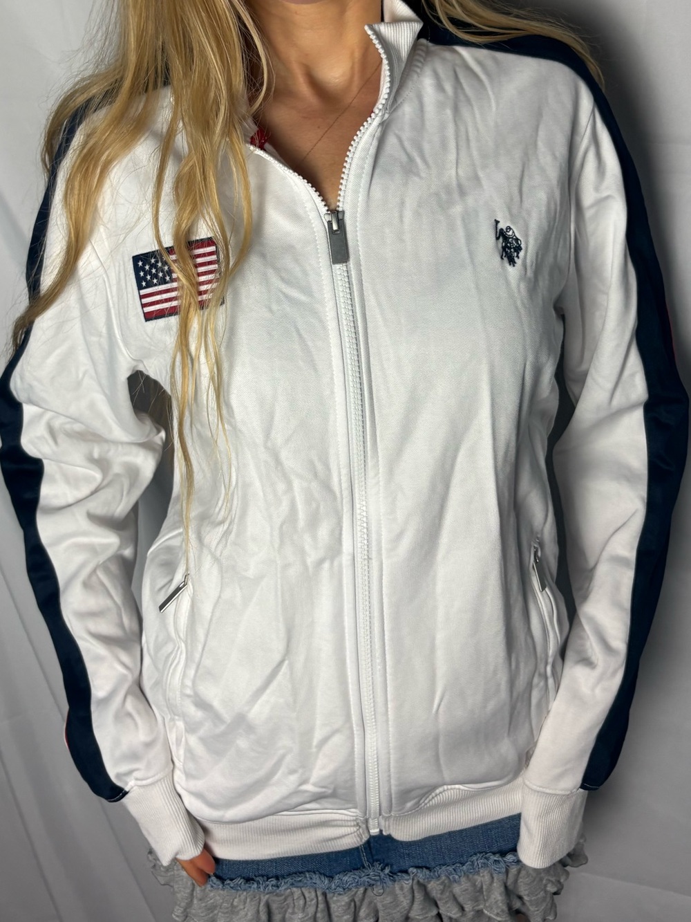 Polo Club zip up jacket Small navy blue white stripe sporty Athleisure